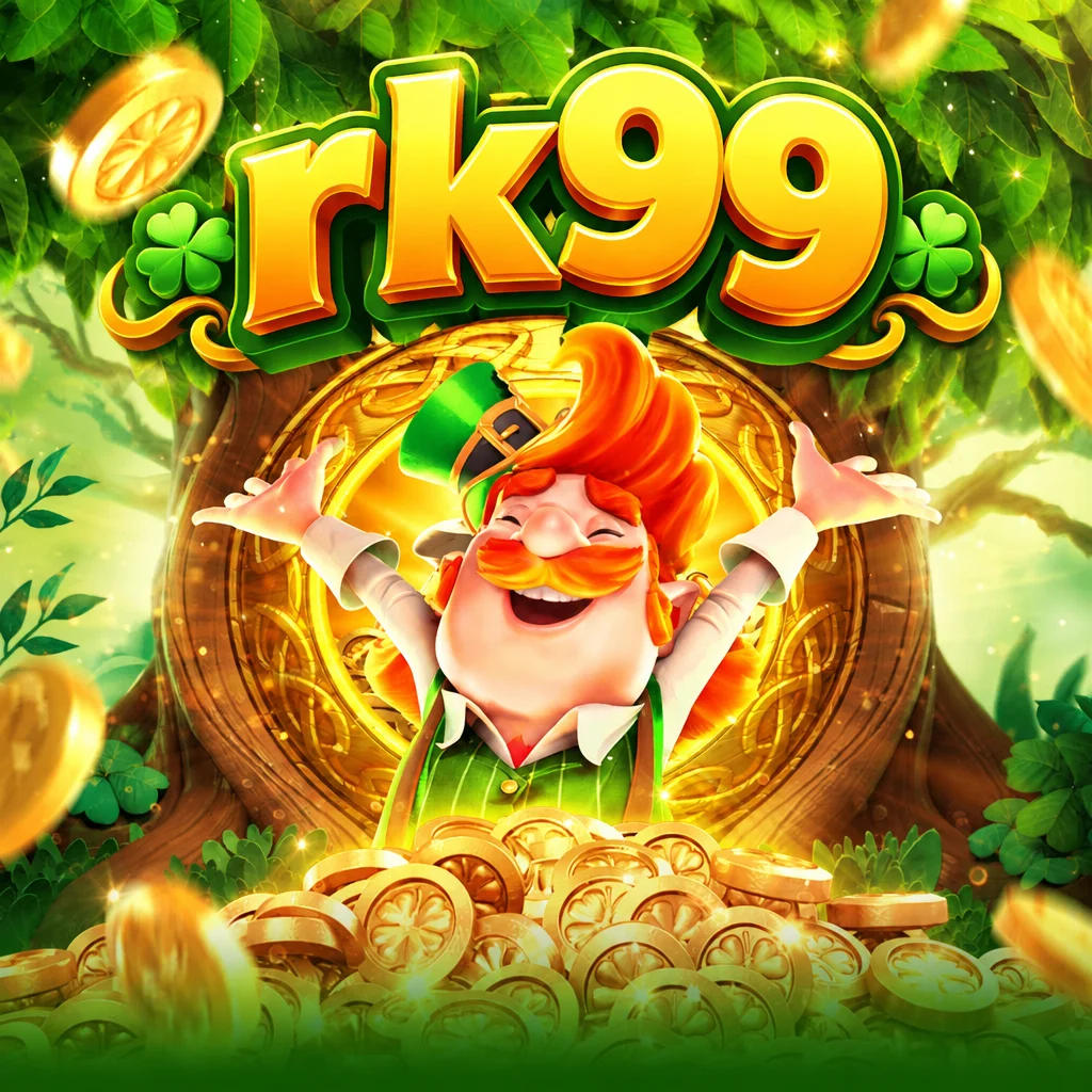 rk99 Leprechaun Riches menampilkan karakter leprechaun ceria di depan pohon rimbun penuh koin emas